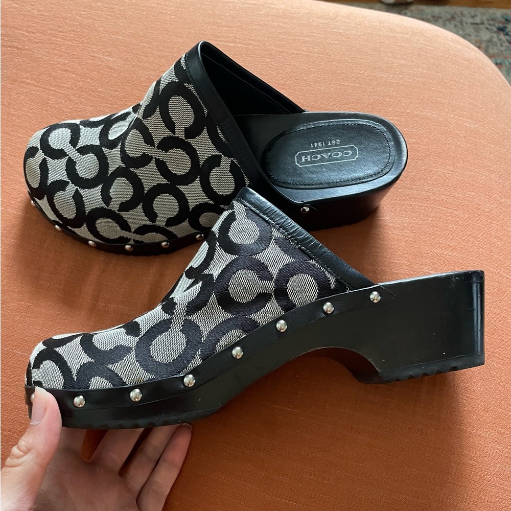 Coach Black and White Logo Clogs Mules